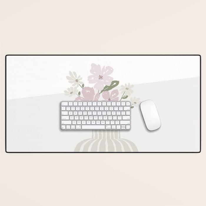 Wildflower Bouquet In Vase Illustration - Beige Muted Pink And Dusty Green Flowers Desk Mat