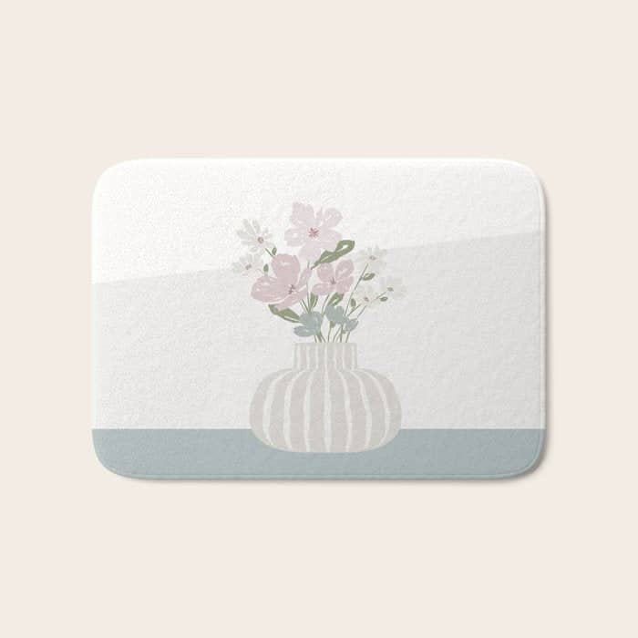 Wildflower Bouquet In Vase Illustration - Beige Muted Pink And Dusty Green Flowers Bath Mat