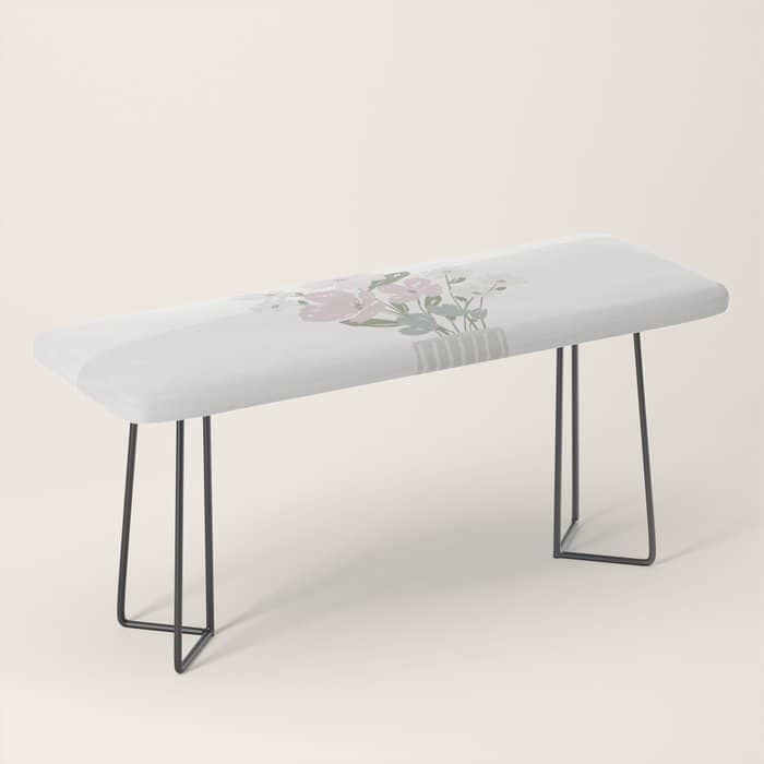 Wildflower Bouquet In Vase Illustration - Beige Muted Pink And Dusty Green Flowers Bench