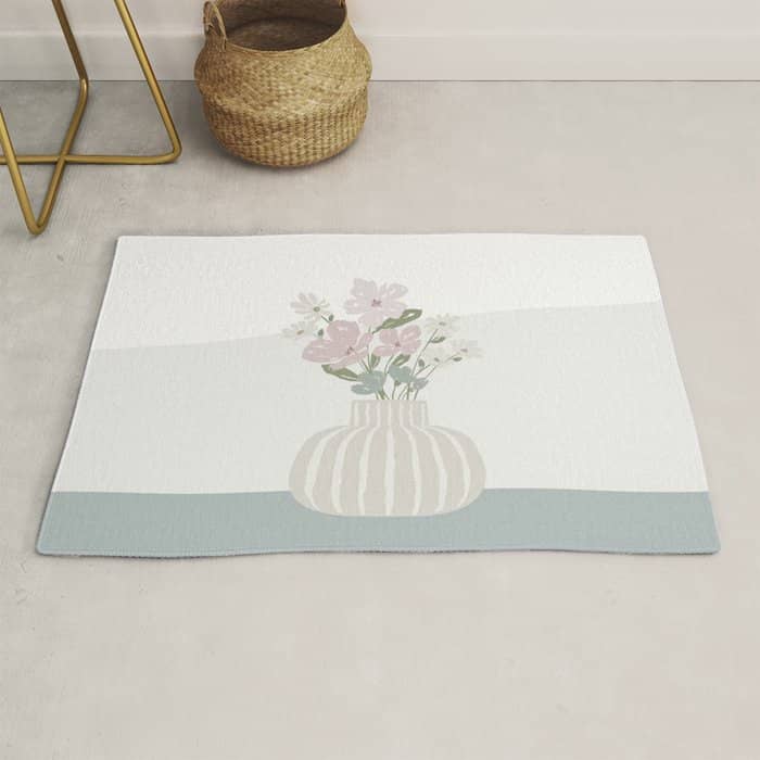 Wildflower Bouquet In Vase Illustration - Beige Muted Pink And Dusty Green Flowers Rug
