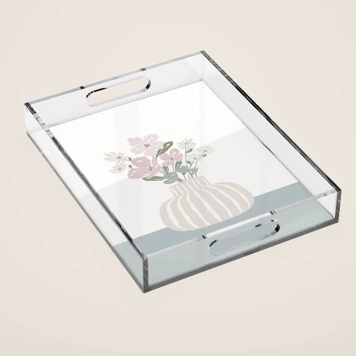 Wildflower Bouquet In Vase Illustration - Beige Muted Pink And Dusty Green Flowers Acrylic Tray