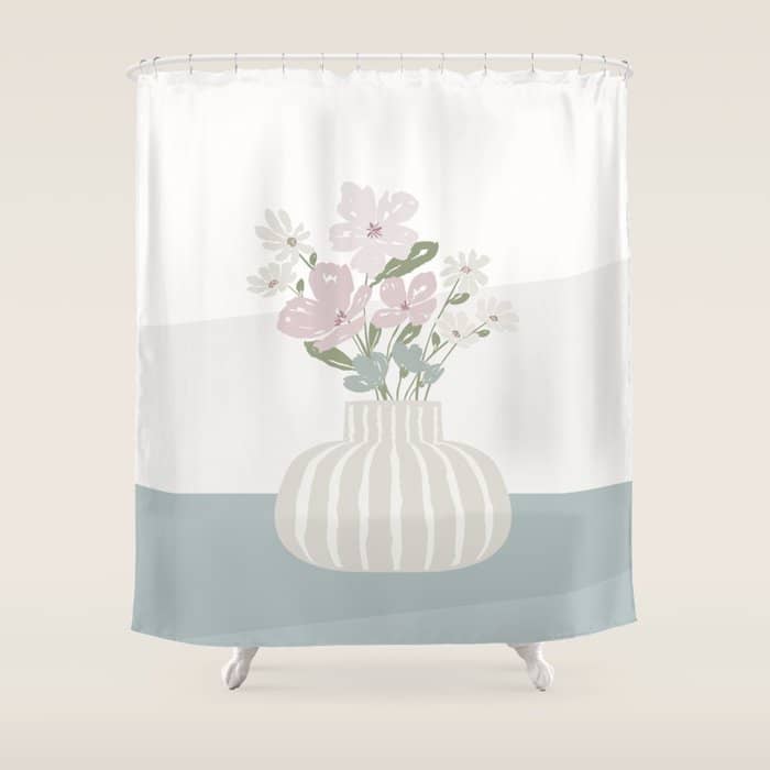 Wildflower Bouquet In Vase Illustration - Beige Muted Pink And Dusty Green Flowers Shower Curtain