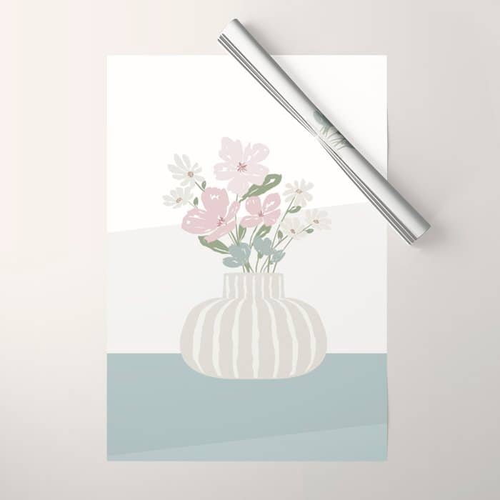 Wildflower Bouquet In Vase Illustration - Beige Muted Pink And Dusty Green Flowers Wrapping Paper