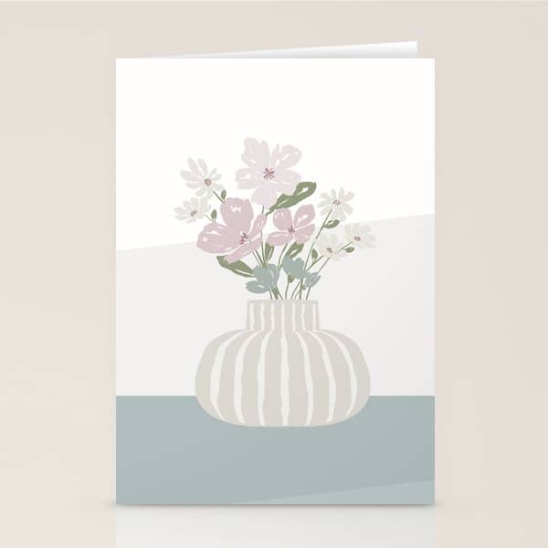 Wildflower Bouquet In Vase Illustration - Beige Muted Pink And Dusty Green Flowers Stationery Card