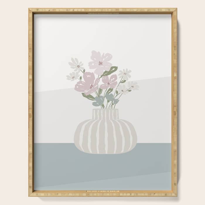 Wildflower Bouquet In Vase Illustration - Beige Muted Pink And Dusty Green Flowers Serving Tray
