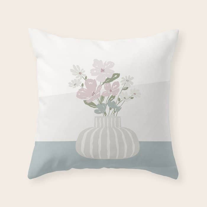 Wildflower Bouquet In Vase Illustration - Beige Muted Pink And Dusty Green Flowers Throw Pillow