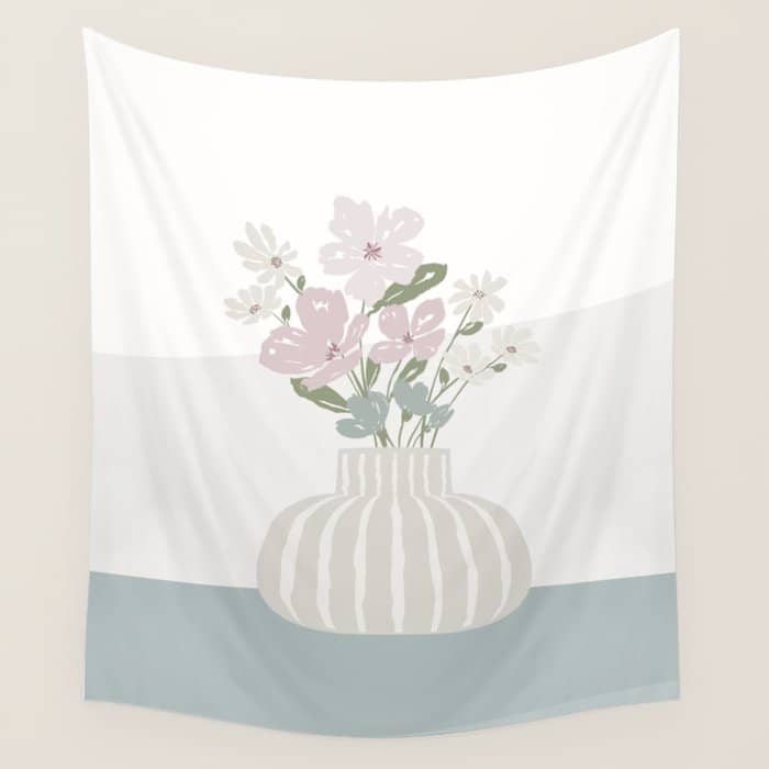 Wildflower Bouquet In Vase Illustration - Beige Muted Pink And Dusty Green Flowers Wall Tapestry