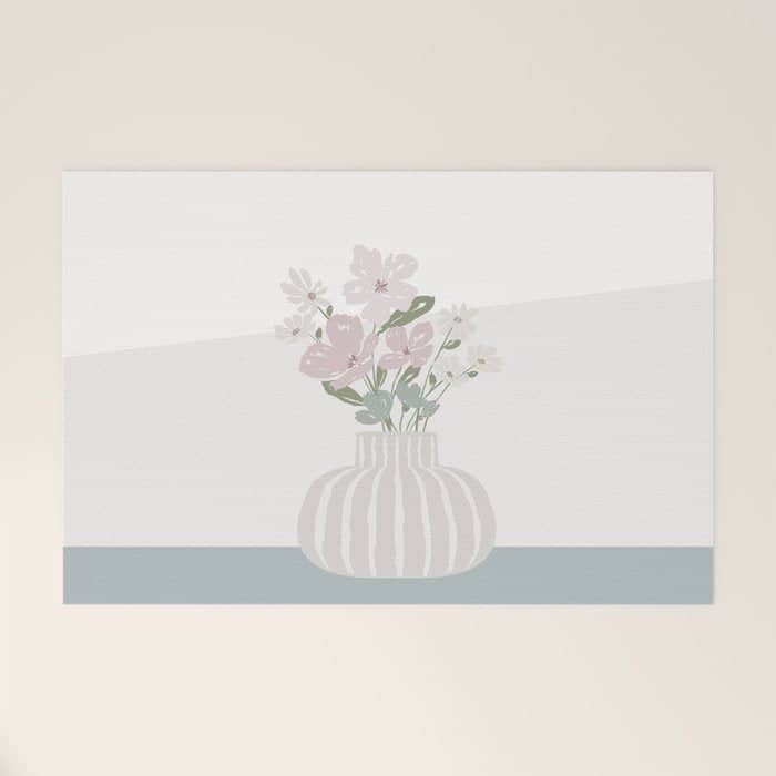 Wildflower Bouquet In Vase Illustration - Beige Muted Pink And Dusty Green Flowers Welcome Mat
