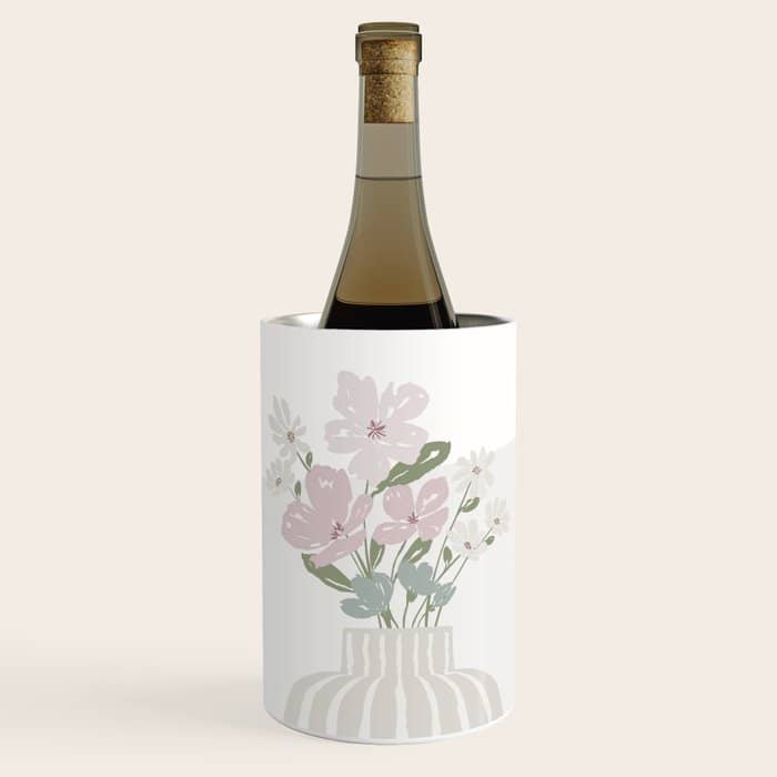Wildflower Bouquet In Vase Illustration - Beige Muted Pink And Dusty Green Flowers Wine Chiller