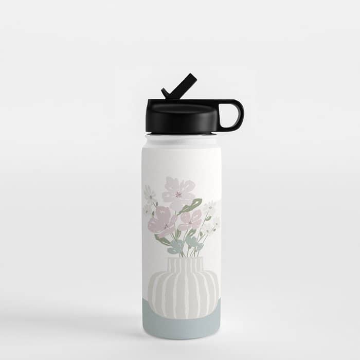 Wildflower Bouquet In Vase Illustration - Beige Muted Pink And Dusty Green Flowers Water Bottle