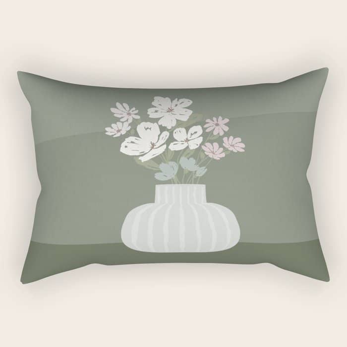 Wildflower Bouquet In Vase Illustration - Muted Pink, Beige And Sage Green Flowers  Rectangular Pillow