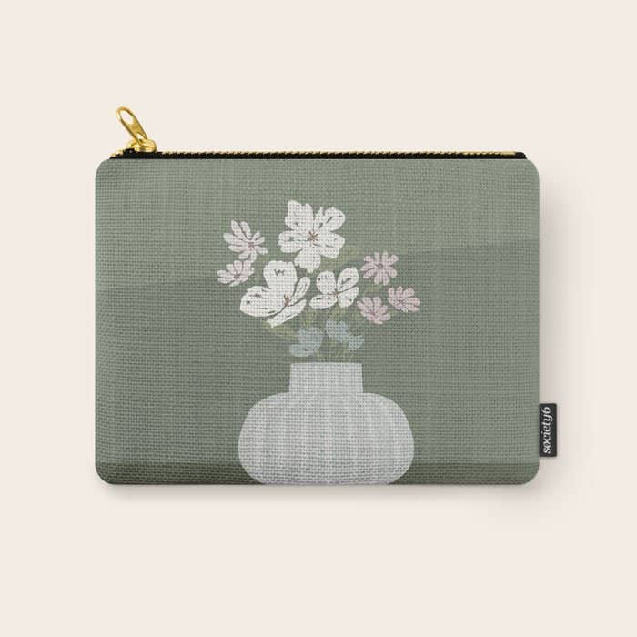 Wildflower Bouquet In Vase Illustration - Muted Pink, Beige And Sage Green Flowers  Carry All Pouch