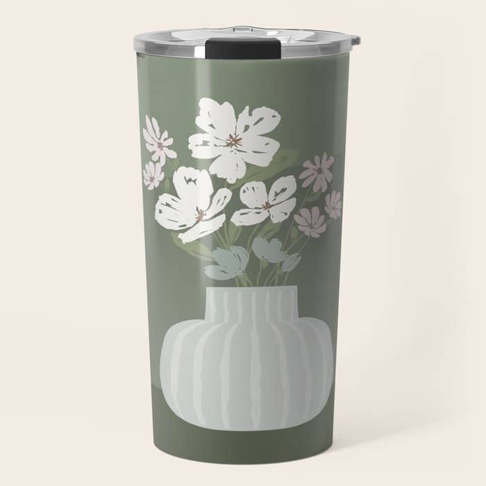 Wildflower Bouquet In Vase Illustration - Muted Pink, Beige And Sage Green Flowers  Travel Mug
