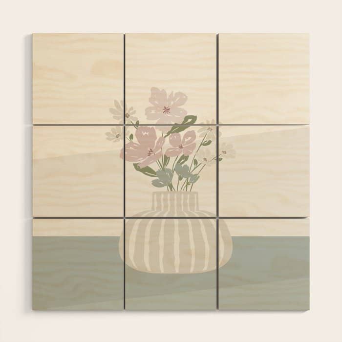 Wildflower Bouquet In Vase Illustration - Beige Muted Pink And Dusty Green Flowers Wood Wall Art
