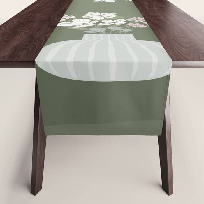 Wildflower Bouquet In Vase Illustration - Muted Pink, Beige And Sage Green Flowers  Table Runner