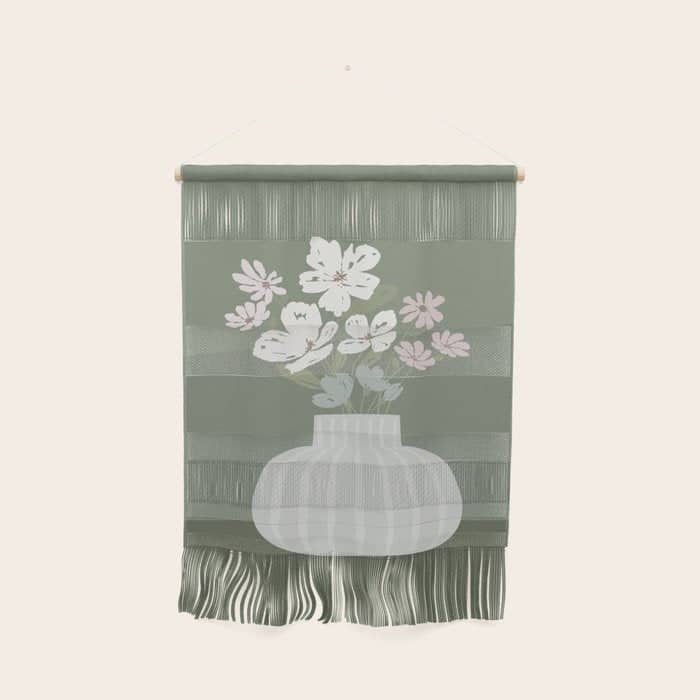 Wildflower Bouquet In Vase Illustration - Muted Pink, Beige And Sage Green Flowers  Wall Hanging