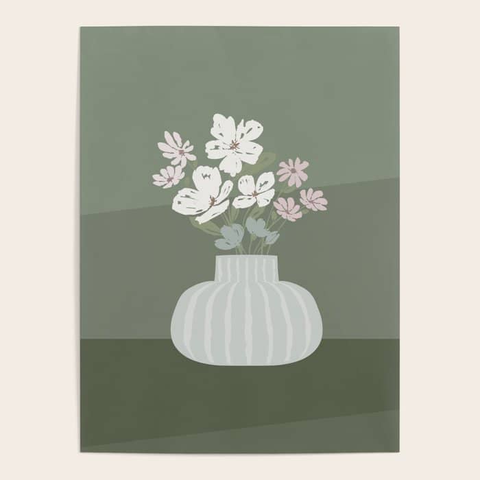 Wildflower Bouquet In Vase Illustration - Muted Pink, Beige And Sage Green Flowers  Poster