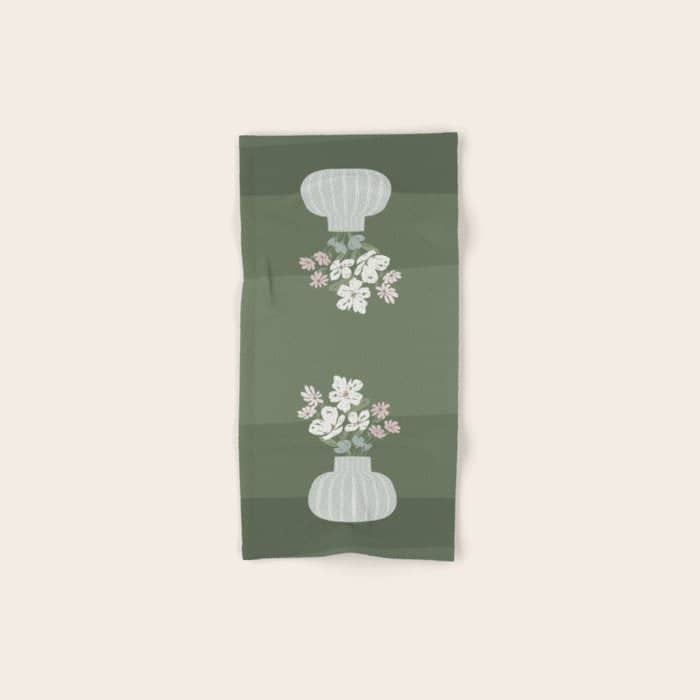 Wildflower Bouquet In Vase Illustration - Muted Pink, Beige And Sage Green Flowers  Bath Towel