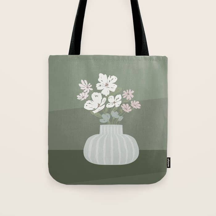 Wildflower Bouquet In Vase Illustration - Muted Pink, Beige And Sage Green Flowers  Tote Bag