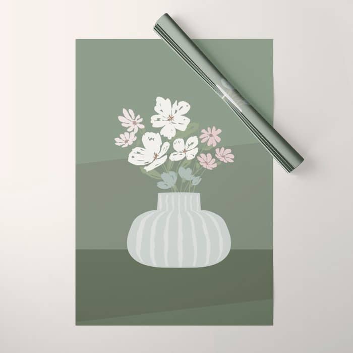 Wildflower Bouquet In Vase Illustration - Muted Pink, Beige And Sage Green Flowers  Wrapping Paper