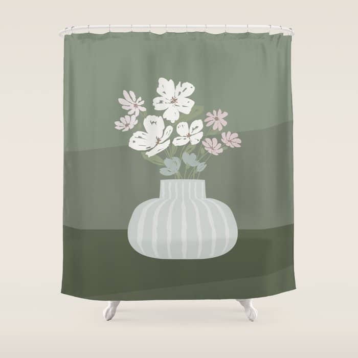 Wildflower Bouquet In Vase Illustration - Muted Pink, Beige And Sage Green Flowers  Shower Curtain