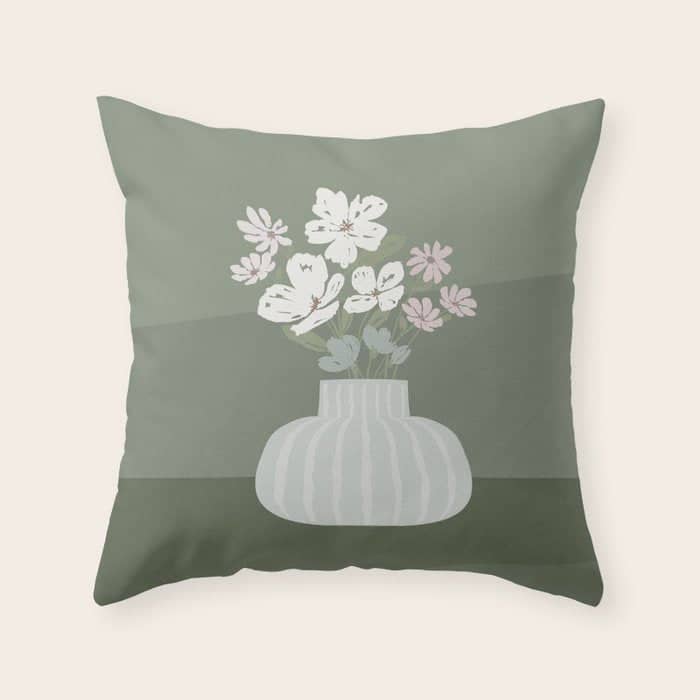Wildflower Bouquet In Vase Illustration - Muted Pink, Beige And Sage Green Flowers  Throw Pillow