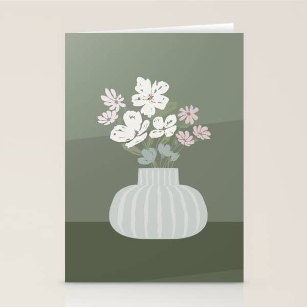 Wildflower Bouquet In Vase Illustration - Muted Pink, Beige And Sage Green Flowers  Stationery Card