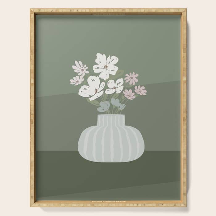 Wildflower Bouquet In Vase Illustration - Muted Pink, Beige And Sage Green Flowers  Serving Tray