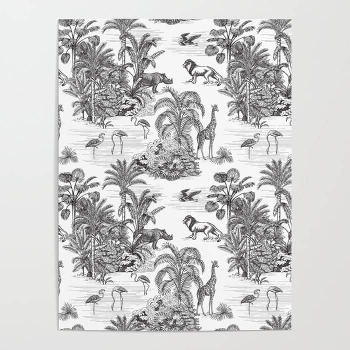 Tropical Toile De Jouy Exotic Safari Lion & Giraffe Poster