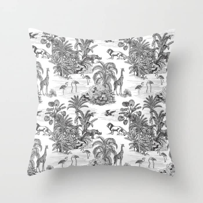 Tropical Toile De Jouy Exotic Safari Lion & Giraffe Throw Pillow