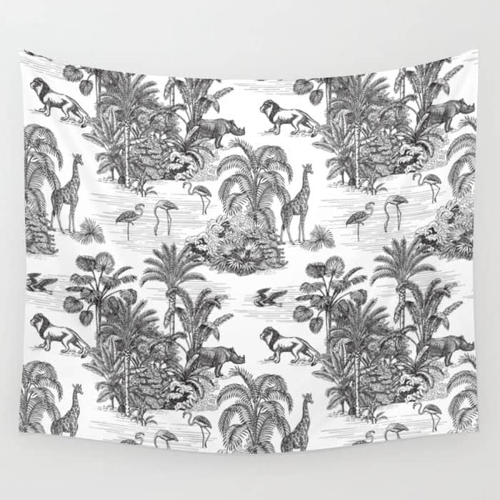 Tropical Toile De Jouy Exotic Safari Lion & Giraffe Wall Tapestry