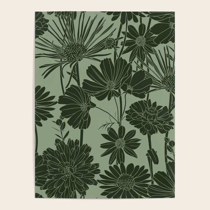 Floral Prints, Dark Green, Colour Prints Poster