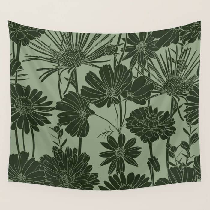 Floral Prints, Dark Green, Colour Prints Wall Tapestry