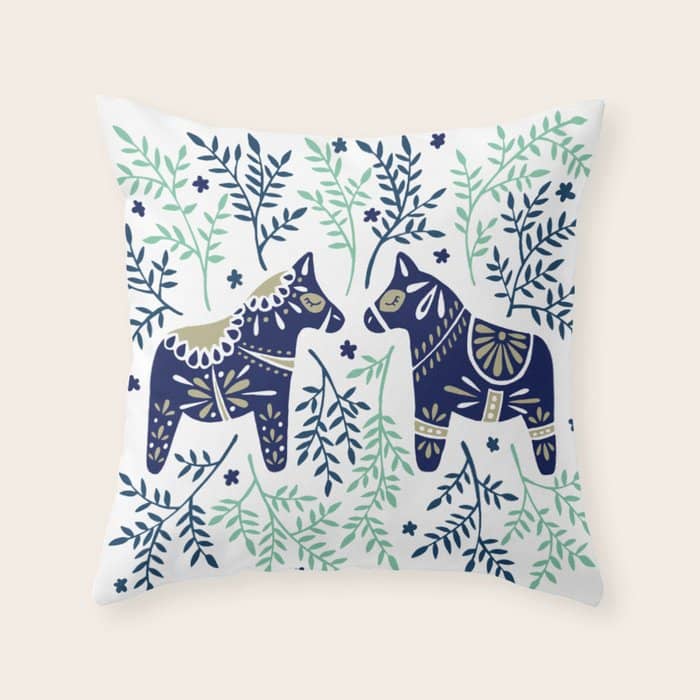 Swedish Dala Horse - Navy & Mint Palette Throw Pillow