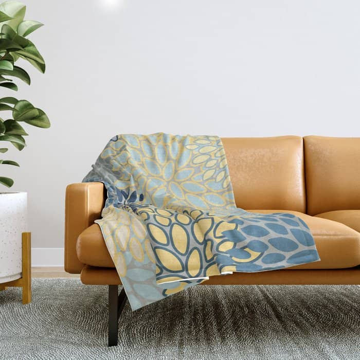 Floral Print, Yellow, Gray, Blue, Teal Throw Blanket
