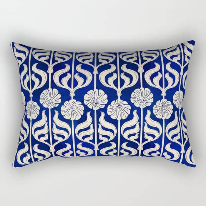 Art Deco Florals On Dark Blue Rectangular Pillow