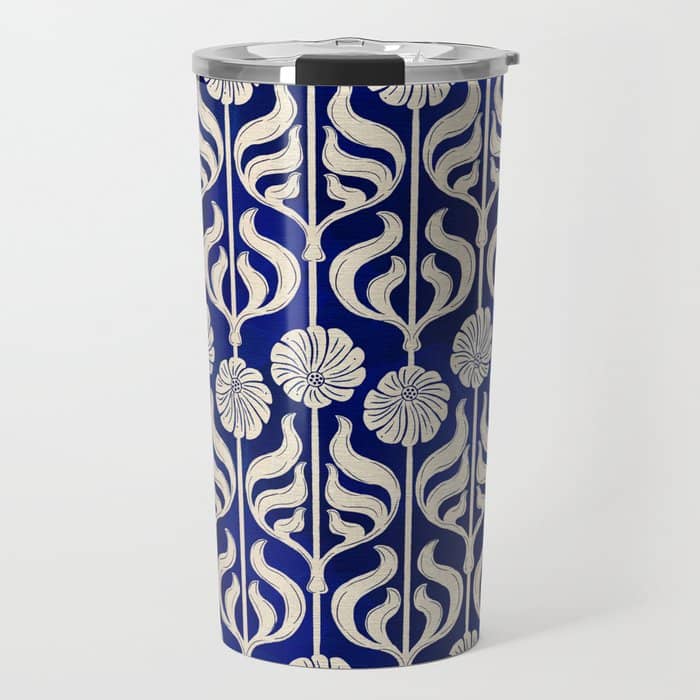 Art Deco Florals On Dark Blue Travel Mug