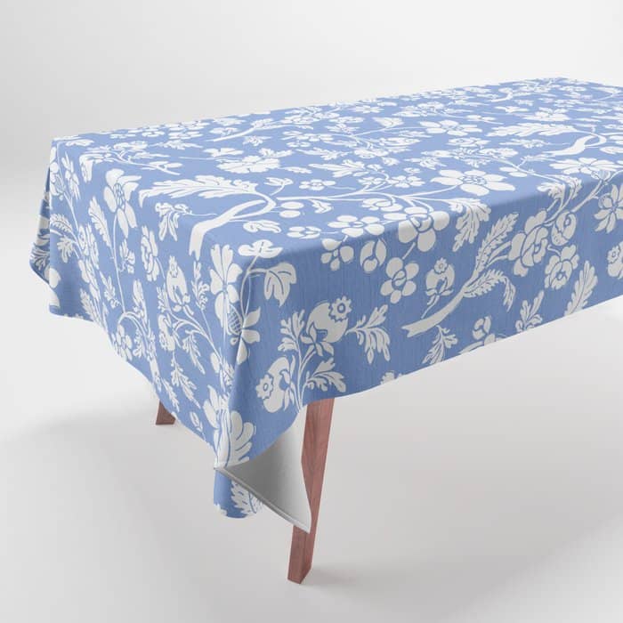 Vintage Style Chintz Florals On Blue Tablecloth