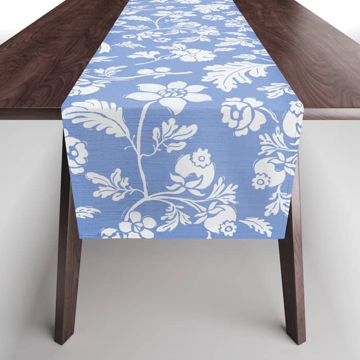 Vintage Style Chintz Florals On Blue Table Runner