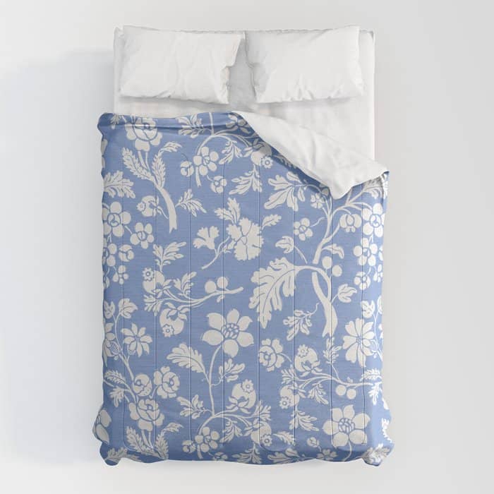 Vintage Style Chintz Florals On Blue Comforter