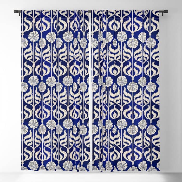 Art Deco Florals On Dark Blue Window Curtain