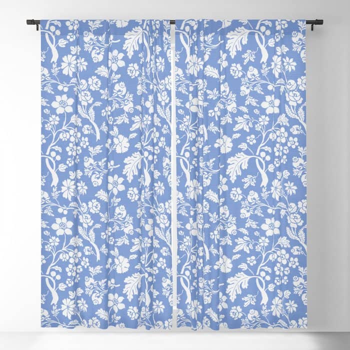 Vintage Style Chintz Florals On Blue Window Curtain