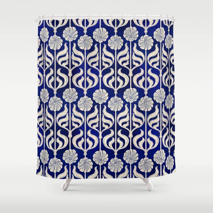 Art Deco Florals On Dark Blue Shower Curtain