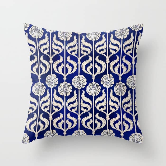 Art Deco Florals On Dark Blue Throw Pillow