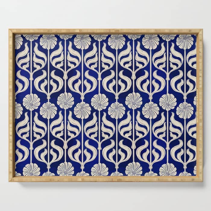 Art Deco Florals On Dark Blue Serving Tray