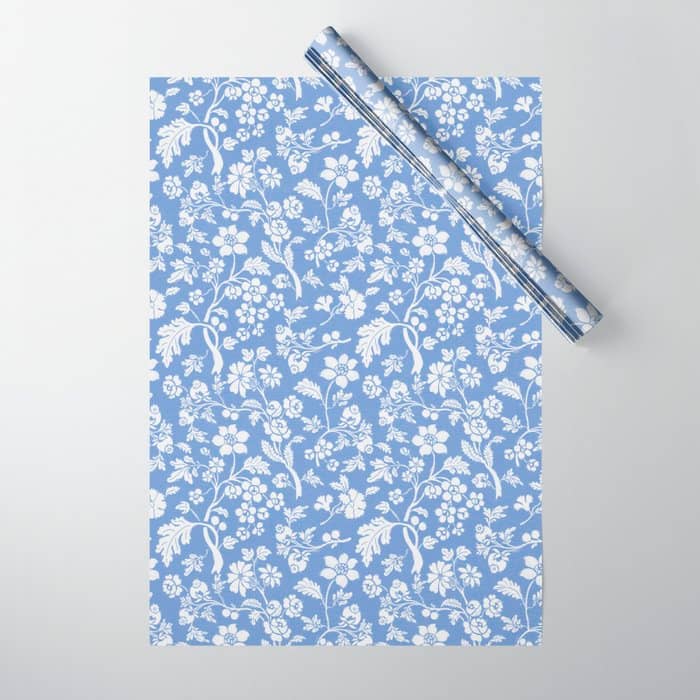 Vintage Style Chintz Florals On Blue Wrapping Paper