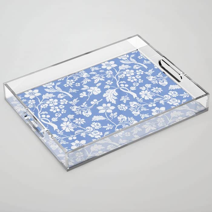 Vintage Style Chintz Florals On Blue Acrylic Tray