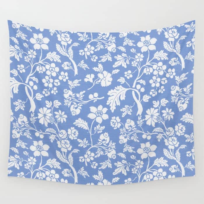 Vintage Style Chintz Florals On Blue Wall Tapestry