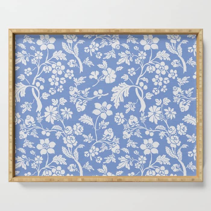 Vintage Style Chintz Florals On Blue Serving Tray