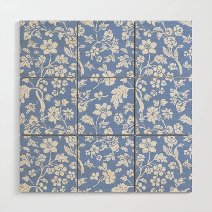 Vintage Style Chintz Florals On Blue Wood Wall Art